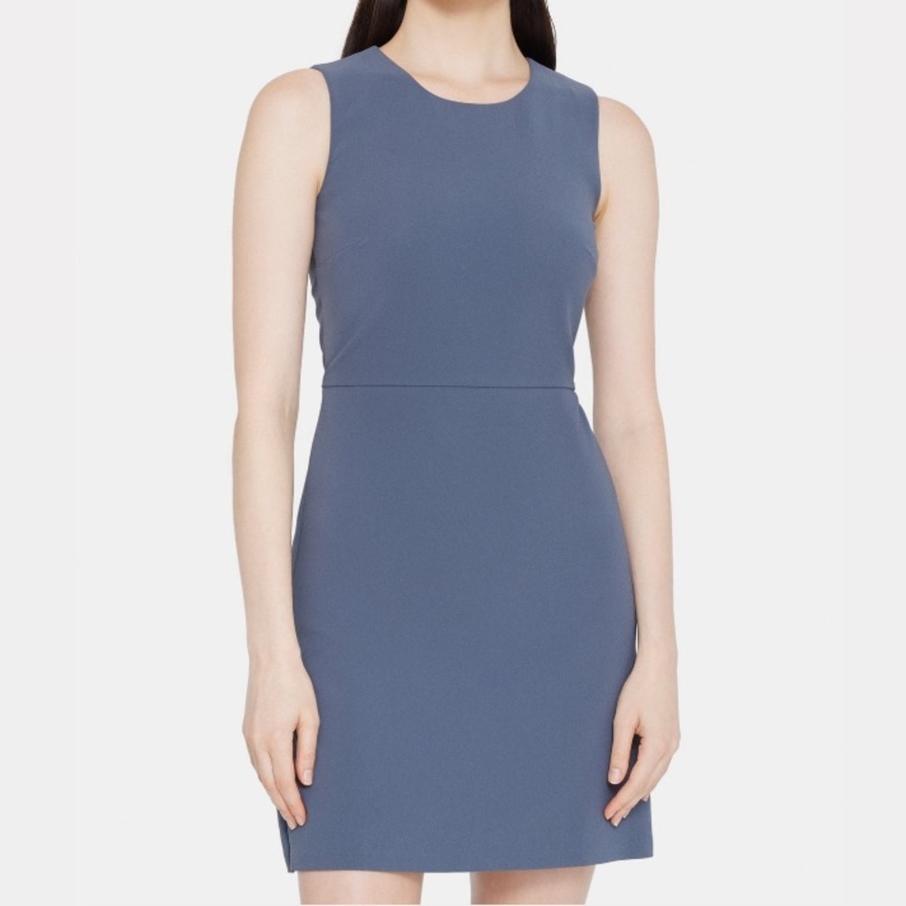Theory Blue Gray Virgin Wool Crepe Fabric Sleeveless A-Line Raneid Dress